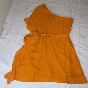 Show Me Your Mumu Orange Off Shoulder One Sleeve L Ruffle Belted Mini Dress